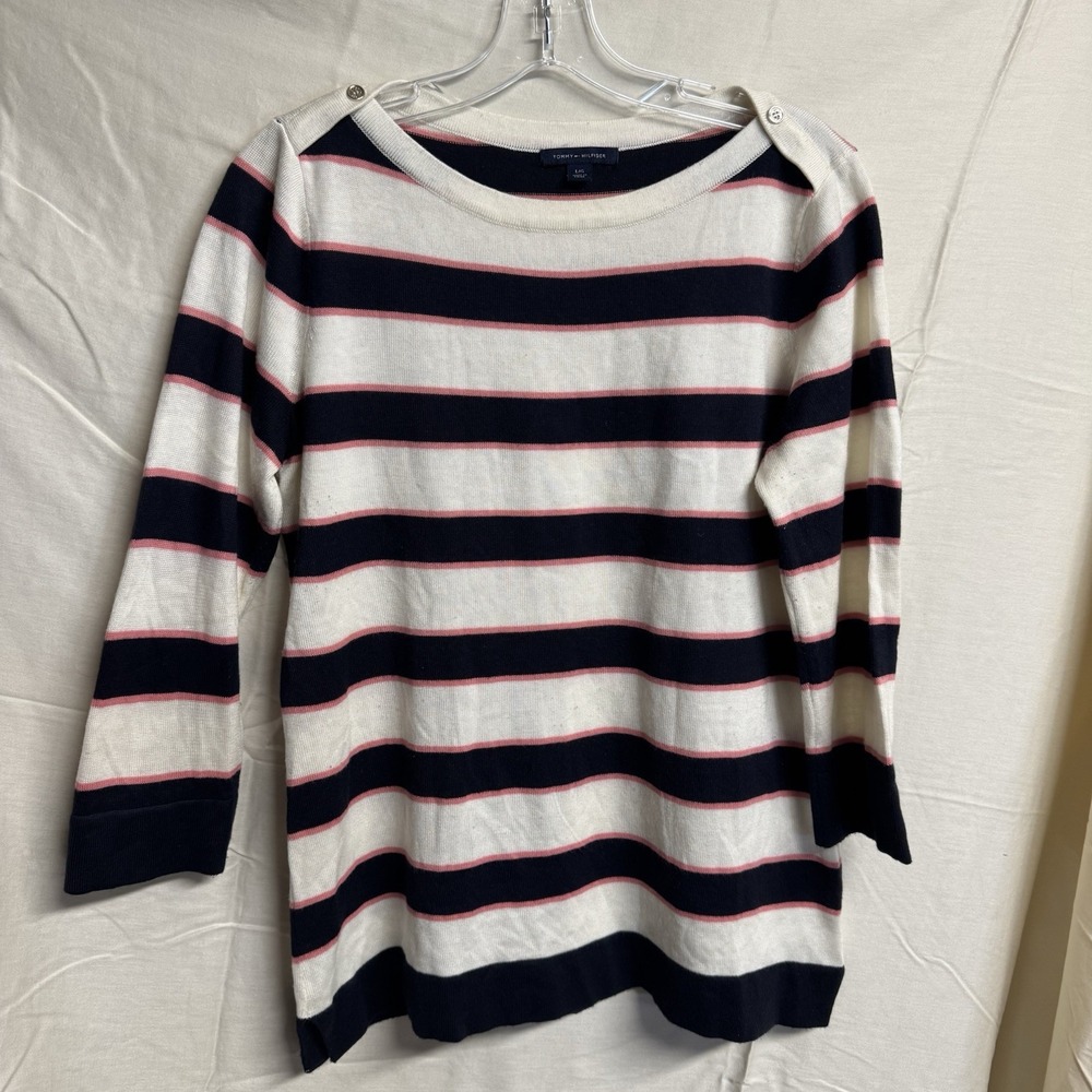 Tommy Hilfiger Women's White/Navy Striped Long Sleeve Sweater Top XL